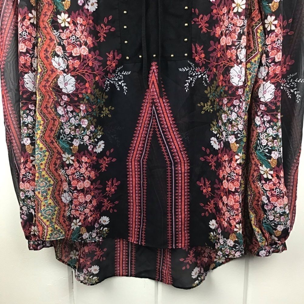 Bisou Bisou Peasant Blouse Black‎ & Red Floral Boho Ties, Size  Medium - Picture 4 of 8